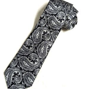 Vintage Men's Handmade Silk X-Long Black and Silver Paisley Print Tie